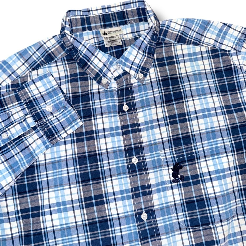 Disney Parks Button Down Shirt Men XL Blue Plaid Mickey Mouse Embroidered Cotton